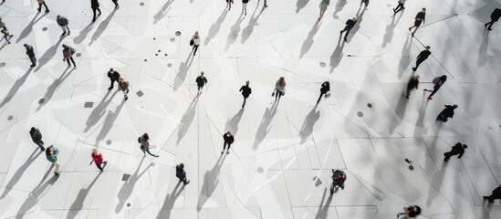 Overhead View of People Walking on Patterned Ground. - obrazy, fototapety, plakaty