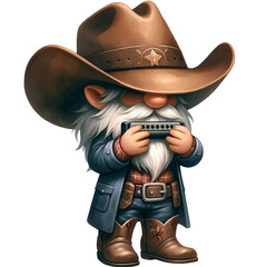 A cartoon gnome wearing a cowboy hat and playing the harmonica.