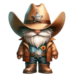 A cartoon illustration of a gnome wearing a cowboy hat and a sheriff's badge.