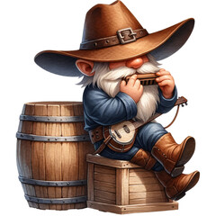 A cartoon illustration of a gnome wearing a cowboy hat and boots, playing a harmonica and sitting on a wooden crate next to a barrel.