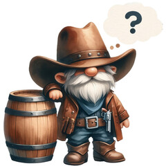 A cartoon image of a gnome wearing a cowboy hat and gun belt, leaning on a whiskey barrel and...
