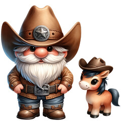 A cute cartoon gnome wearing a cowboy hat and a brown leather vest with blue jeans and boots. He has a big white beard and a friendly smile. He is standing next to a small brown horse wearing a matchi