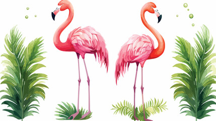 Watercolor pink ink flamingo and green palm tropica