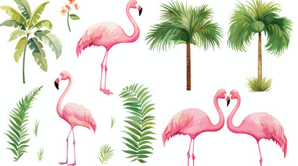 Watercolor pink ink flamingo and green palm tropica