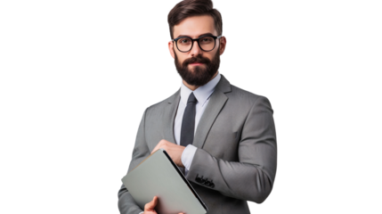 Portrait of a businessman holding a laptop, isolated on white background