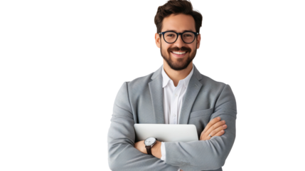 Portrait of a businessman wearing glasses with arms crossed standing, isolated on white background