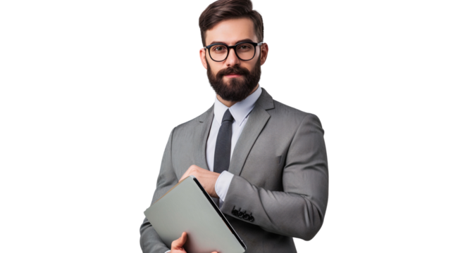 Portrait of a businessman holding a laptop, isolated on white background