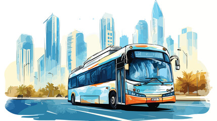 Watercolor sketch of Bus with Buildings Dubai in vector - obrazy, fototapety, plakaty