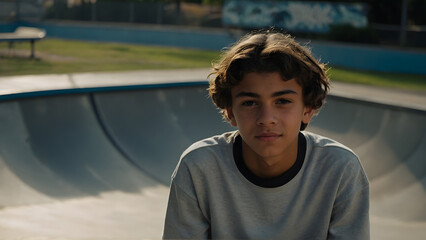 Portrait of a young skateboarder in a skatepark. youth day