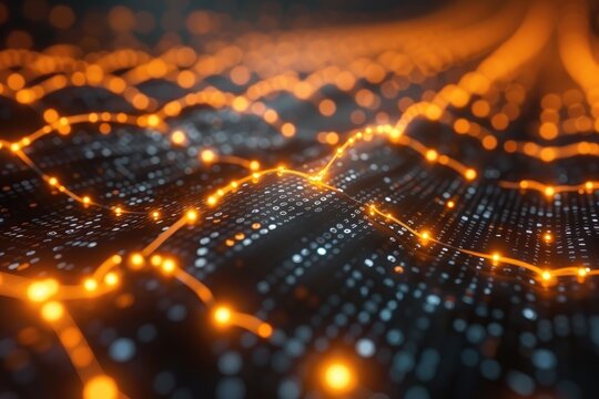 Network of glowing nodes and connections representing a futuristic digital data flow with vibrant orange and black tones
