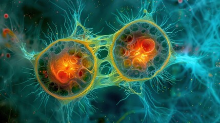 A plant cell undergoing cell division captured in the midst of the process known as cytokinesis. The dividing cells cytoskeleton can