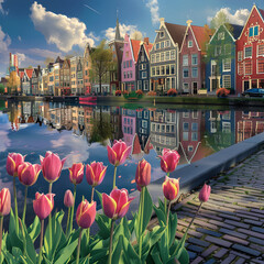 Vibrant Dutch Houses and Tulips Along Tranquil Canal Blending Old With the New
