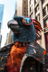 A bird wearing sunglasses and a red collar stands in front of a building