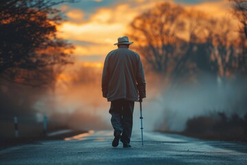 An old man walks alone down a country road at sunset. - obrazy, fototapety, plakaty