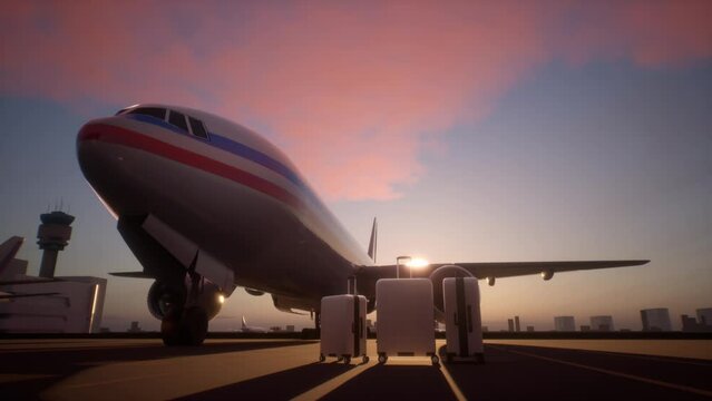 Suitcases Standing On Airstrip In Front Of An Airplane During A Evening. Brand New, White, Extremely Wealthy People Business Travel Class