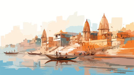 Watercolor sketch of Varanasi Kashi Ghat India in v - obrazy, fototapety, plakaty