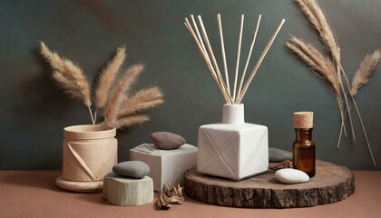 Branding marca de lujo decoración de hogar varillas difusoras, mockup lujoso packaging incienso, colección producto artesanal cerámica colores tierra
