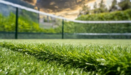 Close-up pista de tenis de hierba, césped recién cortado en una cancha de tenis antes de un torneo - obrazy, fototapety, plakaty