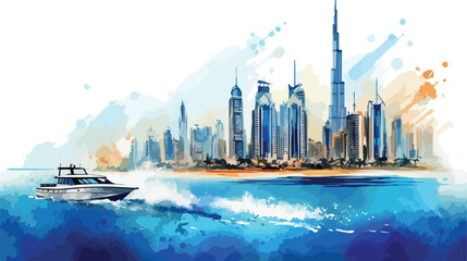 Watercolor splash with sketch of Marina Dubai UAE i