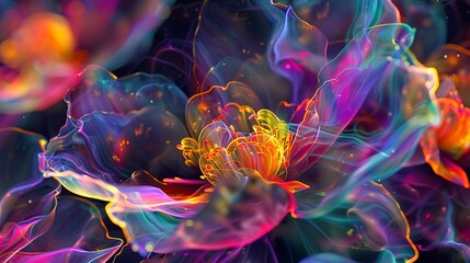 Close up, abstract flower fusion, creativity burst, neon outlines, shadow play 