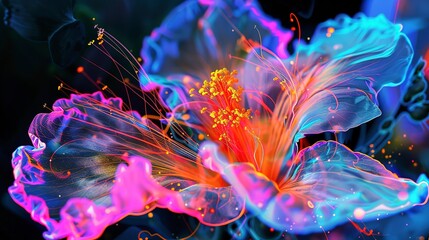 Naklejka premium Close up, abstract flower fusion, creativity burst, neon outlines, shadow play 