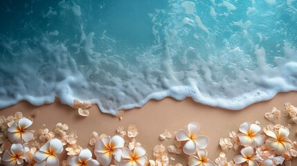 Fototapeta na wymiar Background with light beach flowers as decoration top view