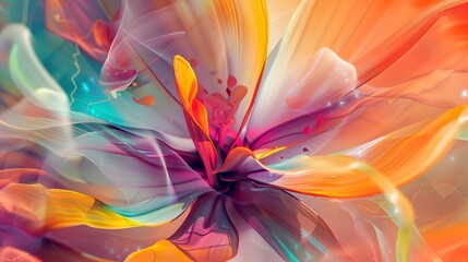 Close view, abstract blossom, creativity flow, rainbow hues, morning glow, sharp angle