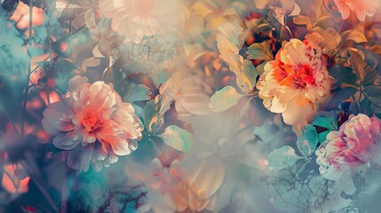 Zoom on abstract floral, retro vibe, faded colors, vintage filter, nostalgic mood - obrazy, fototapety, plakaty