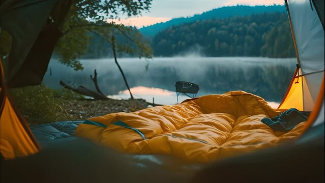 Sleeping bag on camping tent near lake. 4k video animation