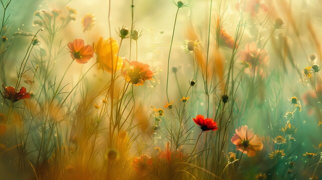 Close-up, flower abstraction, wild meadow feel, golden hour, breezy, natural hues 