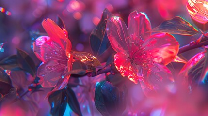 Close view, blossom reimagined, digital glitch art, cyber hues, futuristic glow 