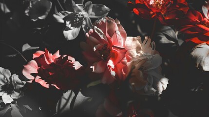 Close shot, unique floral vision, shadow play, monochrome with color pop, dramatic contrast 
