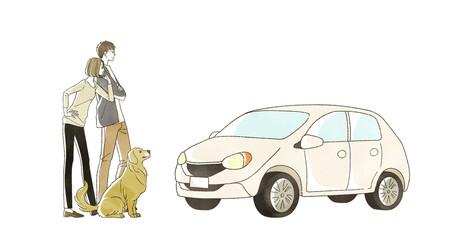 自動車と笑顔の男女と犬