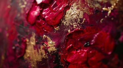 Close shot, abstract floral, gold leaf detailing, luxury reds, opulent texture, candlelit 