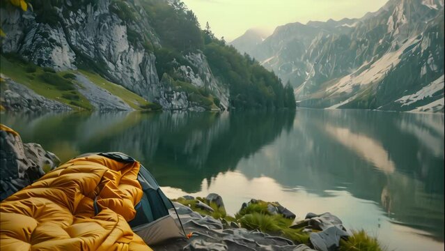 Sleeping bag on camping tent near lake. 4k video animation