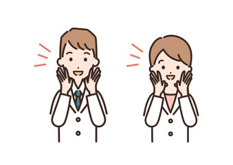 笑顔で呼びかける白衣姿の男性と女性のイラスト＿上半身