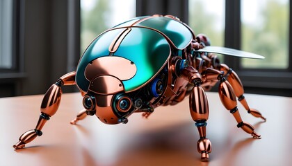 fantastic beetle fly-robot made of copper and colored glass. Great interior decoration. Created with the help of artificial intelligence - obrazy, fototapety, plakaty