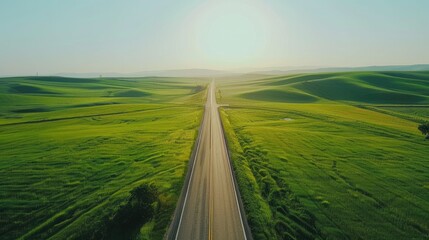 Tranquil Journey: A Straight Road Cutting Through the Vast Green Prairie, Inviting Exploration and Serenity