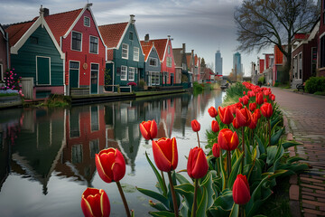 Vibrant Dutch Houses and Tulips Along Tranquil Canal Blending Old With the New - obrazy, fototapety, plakaty