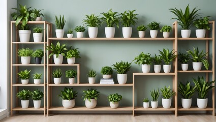Fototapeta na wymiar Interior decoration with green living plants inside shelves, eco environmental style
