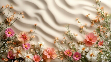 Background with light sand, flowers as decor top view with copy space