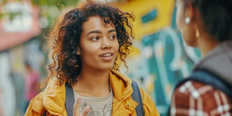 Engaged mixed-race young woman in animated conversation, with colorful urban graffiti in the...