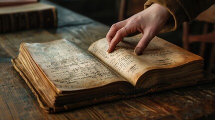 An aged book lies open on a worn wooden desk revealing pages filled with mathematical notations and diagrams. A hand reaches out to turn the page revealing the next chapter of knowledge . - obrazy, fototapety, plakaty