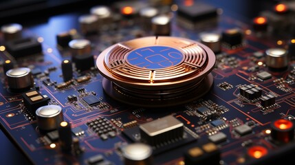 A close up of a circuit board with a blue and gold circle on it. The board is made of metal and has a lot of wires and components - obrazy, fototapety, plakaty