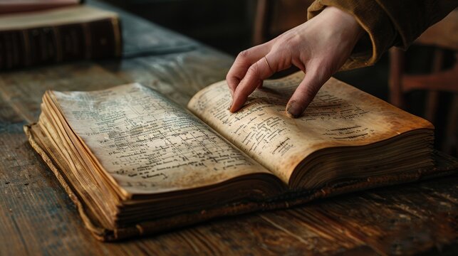 An aged book lies open on a worn wooden desk revealing pages filled with mathematical notations and diagrams. A hand reaches out to turn the page revealing the next chapter of knowledge .
