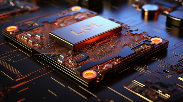 A computer chip with the letters LEL on it. The chip is surrounded by other computer chips and wires
