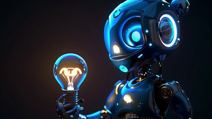 a 3D-rendered robot with a blue glossy body holding a light bulb that is illuminated.
