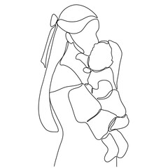 Mother and Baby Portrait Continuous One Line Drawing. Mom and Baby Portrait Beautifull Outline Drawing Line Art. Mother and Baby Line Abstract Portrait