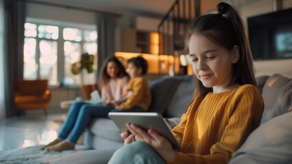 Fototapeta premium Girl using digital tablet on wall with family in background at smart home.