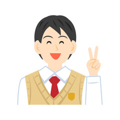 ピースサインをするベストを着た中学生の顔。フラットなベクターイラスト。
Face of a middle school student wearing a vest, making a peace sign. Flat vector illustration.